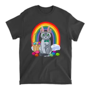 Russian Blue Cat Easter Eggs Bunny T-Shirt - Black