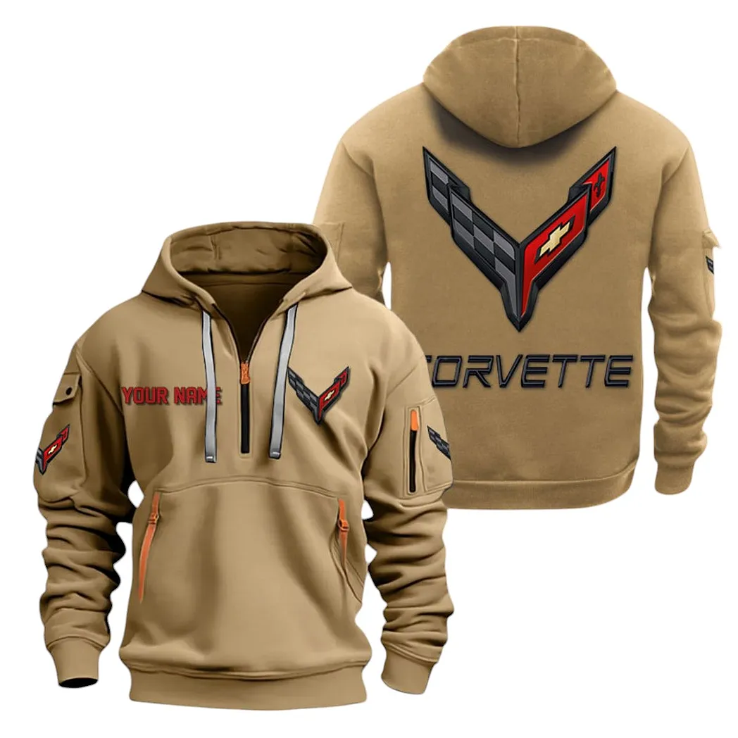 Chevrolet Corvette Half Zip Hoodie For Men, Gift For Chevrolet Corvette Lovers CAR20022125677 - Khaki