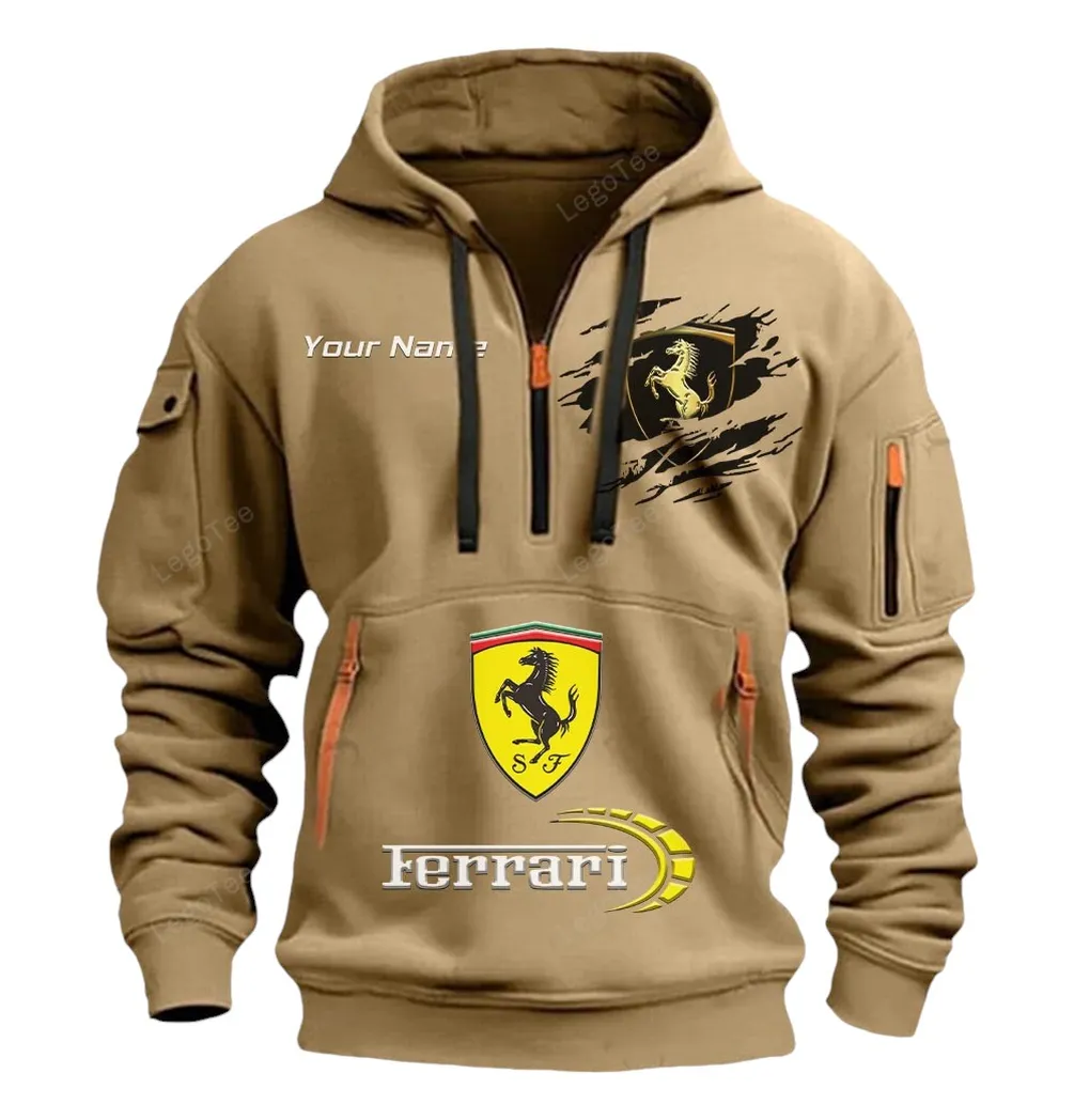 Ferrari Half Zip Hoodie CAR113021425802, Best Gift for Him, Husband, Boyfriend - Khaki