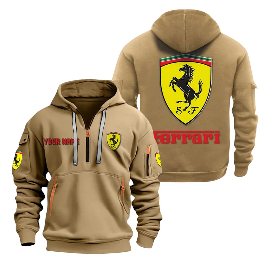 Ferrari Half Zip Hoodie For Men, Gift For Ferrari Lovers CAR20022125692 - Khaki