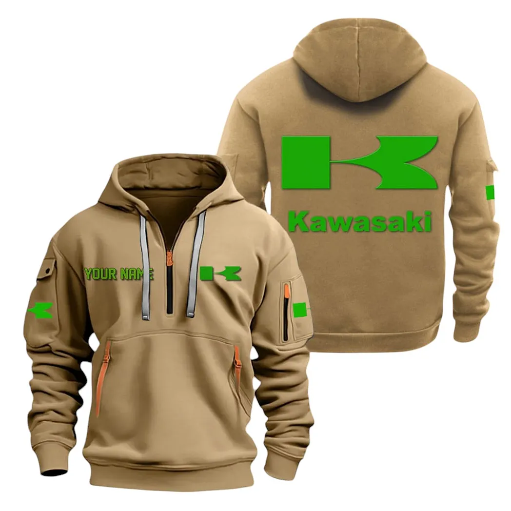 Kawasaki Half Zip Hoodie For Men, Gift For Kawasaki Lovers CAR20022125694 - Khaki