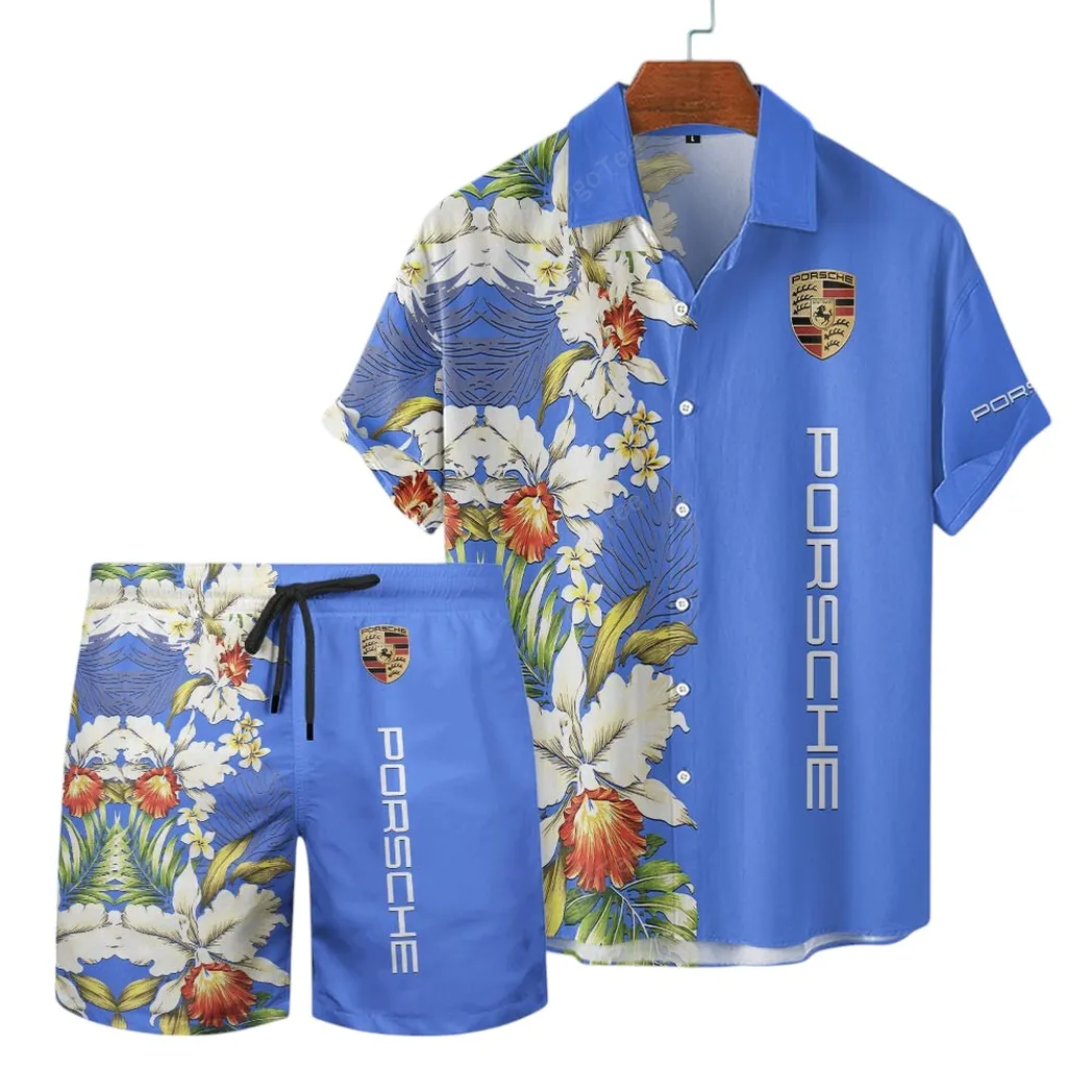 Porsche Hawaiian Shirt Set, Gift For Porsche Lovers, Gift For Him, Husband, Boyfriend CAR12303042510 - Blue