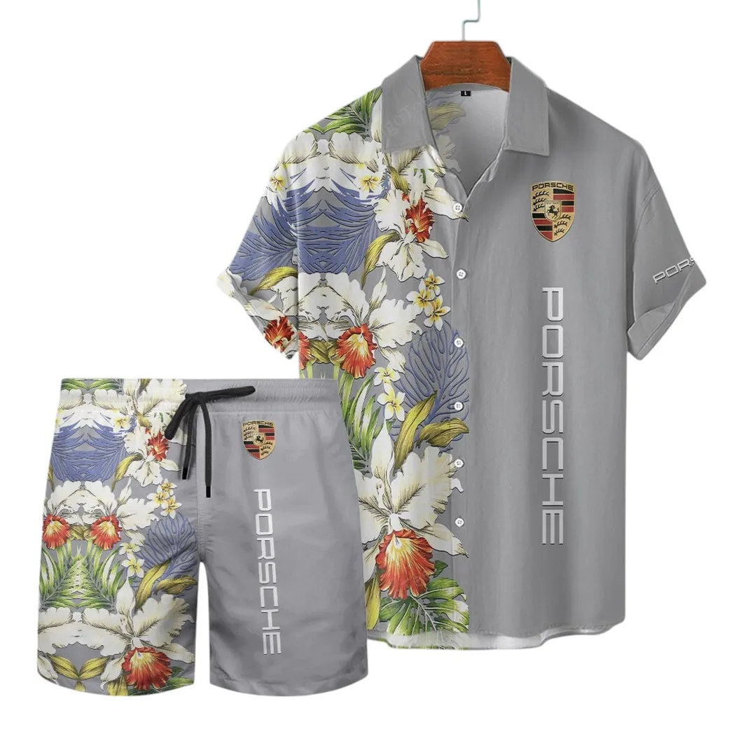 Porsche Hawaiian Shirt Set, Gift For Porsche Lovers, Gift For Him, Husband, Boyfriend CAR12303042510 - Grey