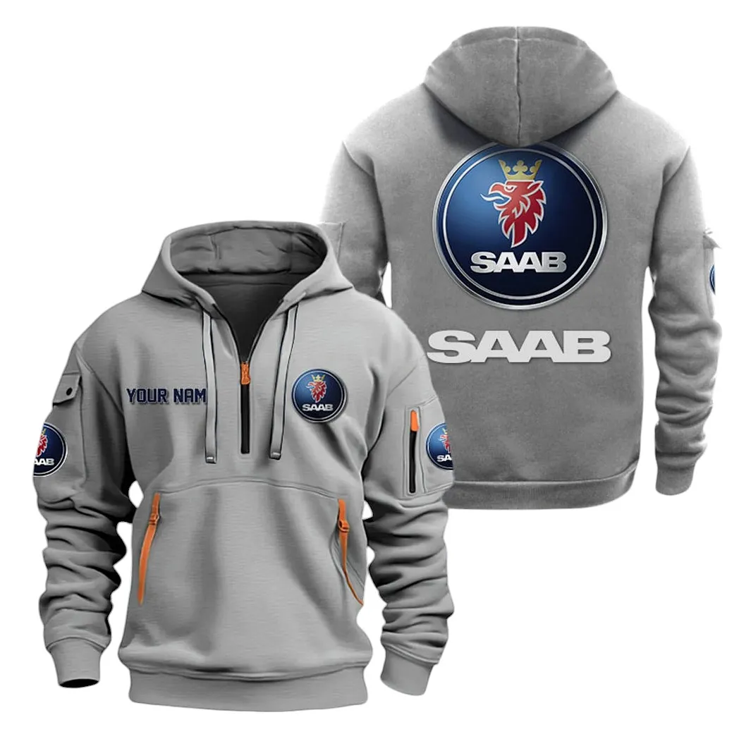 Saab Automobile Half Zip Hoodie For Men, Gift For Saab Automobile Lovers CAR20022125729 - Gray