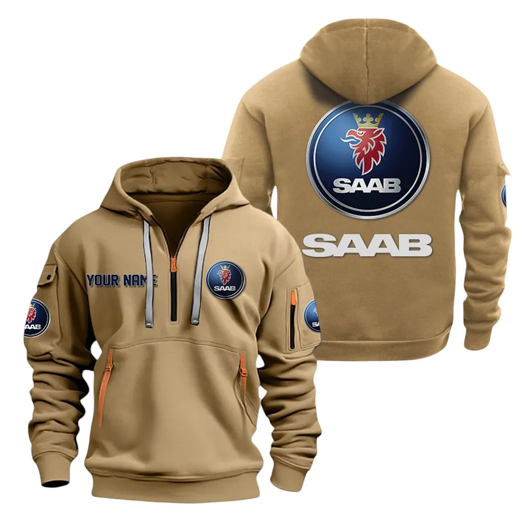 Saab Automobile Half Zip Hoodie For Men, Gift For Saab Automobile Lovers CAR20022125729 - Khaki