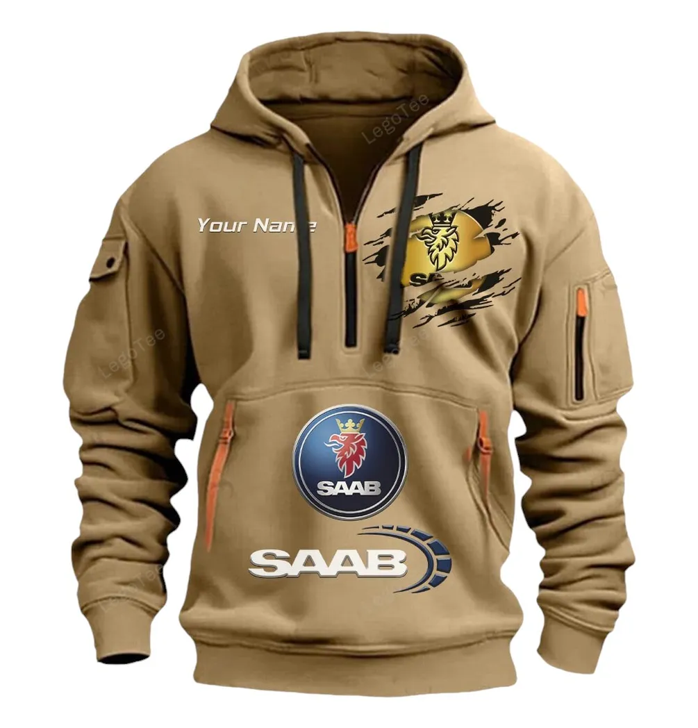 Saab Half Zip Hoodie CAR113021425829, Best Gift for Him, Husband, Boyfriend - Khaki
