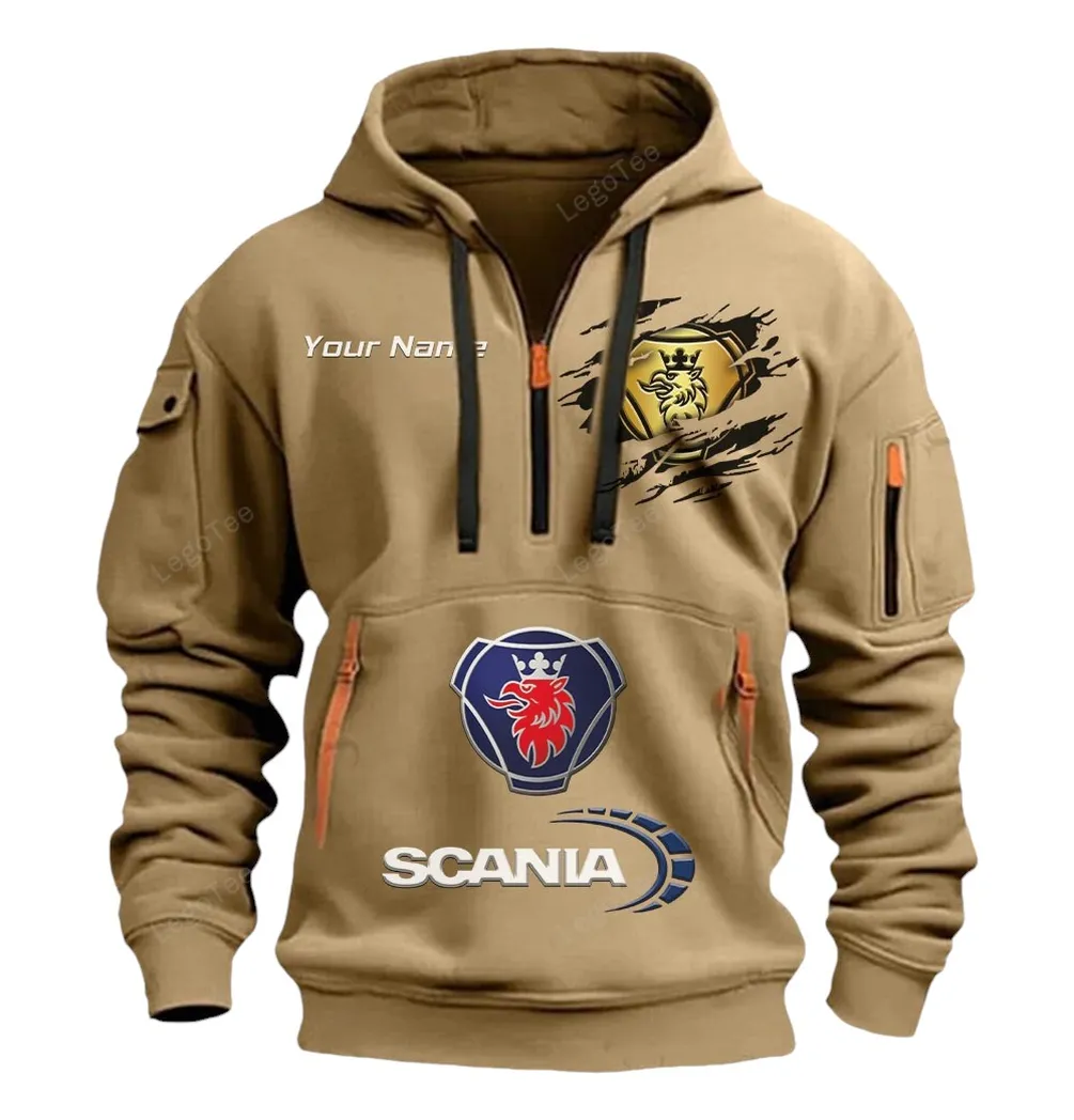 Scania Half Zip Hoodie CAR113021425836, Best Gift for Him, Husband, Boyfriend - Khaki
