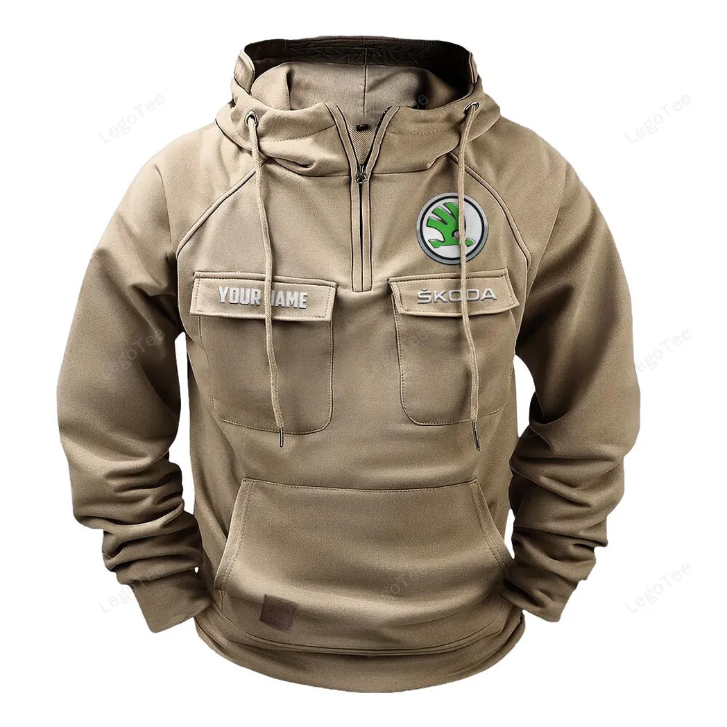 Skoda Tactical Quarter Zip Hoodie, Gift For Skoda Lovers, Gift For Him, Husband, Boyfriend - Khaki CAR109021425368-4