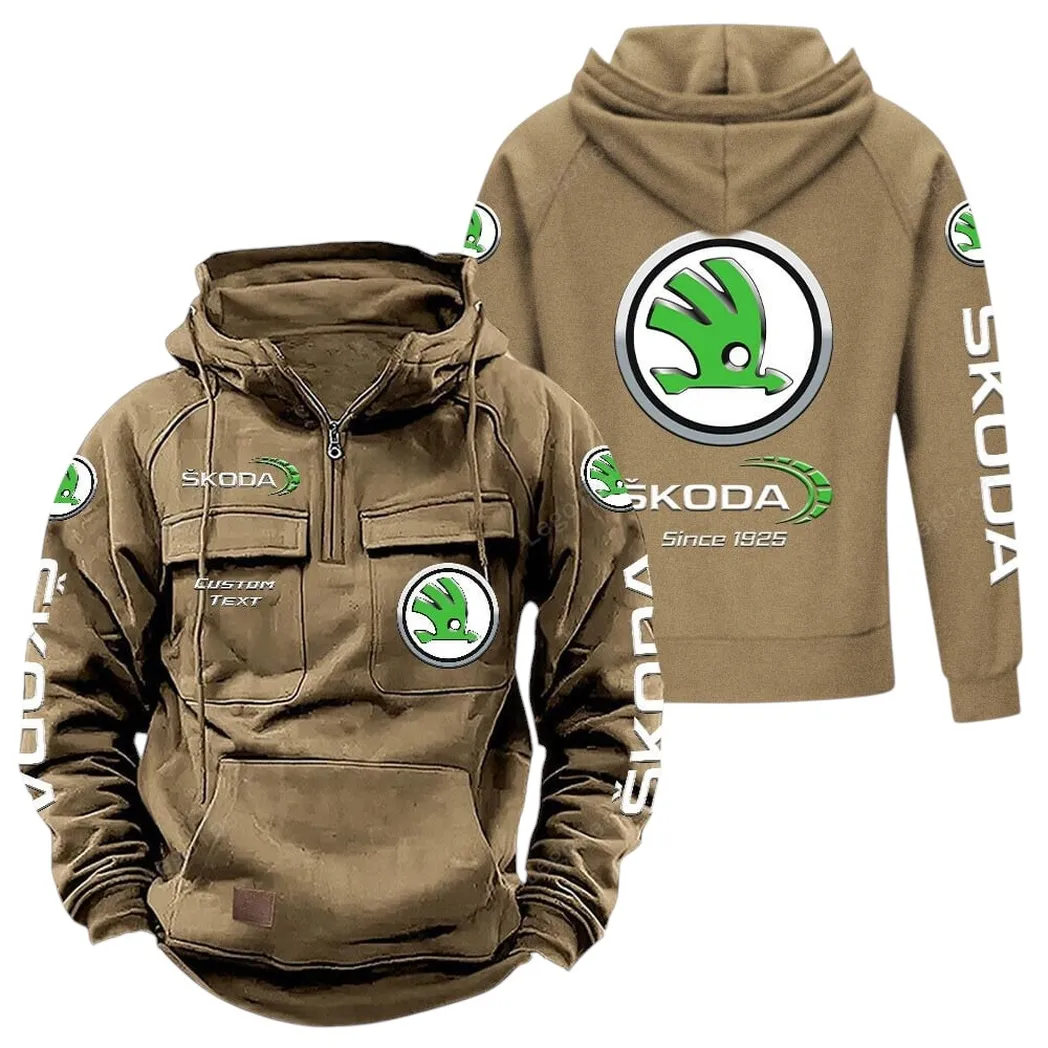Skoda Tactical Quarter Zip Hoodie, Gift For Skoda Lovers, Gift For Him, Husband, Boyfriend - Khaki CAR96021425739-4