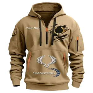 SsangYong Motor Half Zip Hoodie CAR113021425818, Best Gift for Him, Husband, Boyfriend - Khaki