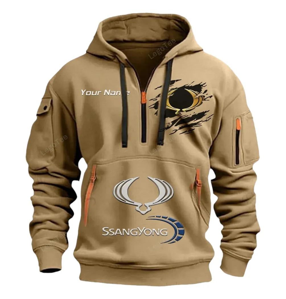 SsangYong Motor Half Zip Hoodie CAR113021425818, Best Gift for Him, Husband, Boyfriend - Khaki
