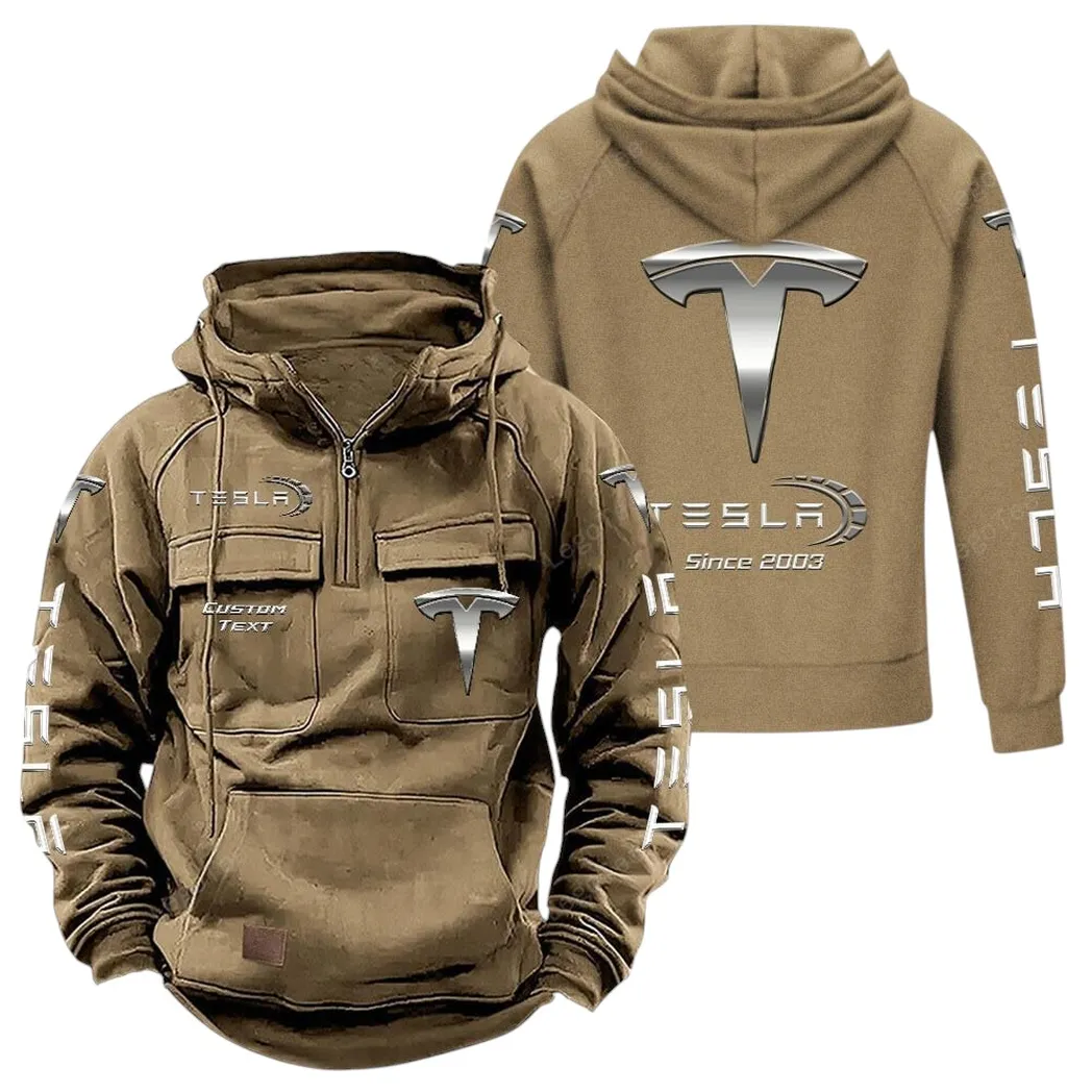 Tesla Tactical Quarter Zip Hoodie, Gift For Tesla Lovers, Gift For Him, Husband, Boyfriend - Khaki CAR96021425700-4