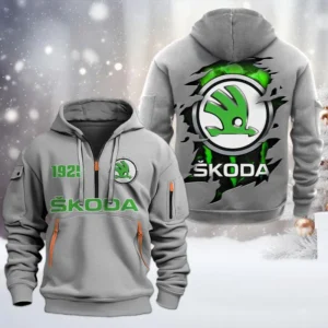 Skoda Half Zip Hoodie, All Over Print Half Zip Hoodies For Men CAR198032771 - Gray