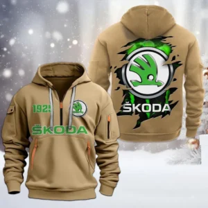 Skoda Half Zip Hoodie, All Over Print Half Zip Hoodies For Men CAR198032771 - Khaki