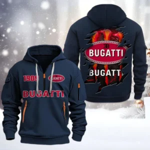 Bugatti Half Zip Hoodie, All Over Print Half Zip Hoodies For Men CAR198032780 - Navy