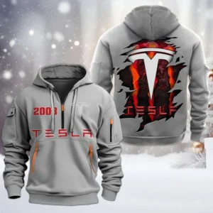 Tesla Half Zip Hoodie, All Over Print Half Zip Hoodies For Men CAR198032782 - Gray