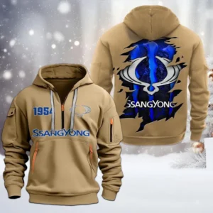 SsangYong Motor Half Zip Hoodie, All Over Print Half Zip Hoodies For Men CAR198032784 - Khaki