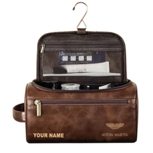 Aston Martin Leather Toiletry Bag, All Over Print Leather Toiletry Bag - Dark Brown CAR44005072531