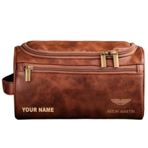 Aston Martin Leather Toiletry Bag, All Over Print Leather Toiletry Bag - Red Brown CAR44005072531