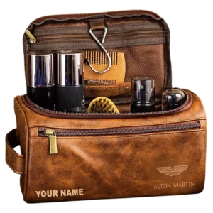 Aston Martin Leather Toiletry Bag, All Over Print Leather Toiletry Bag - Yellow Brown CAR44005072531