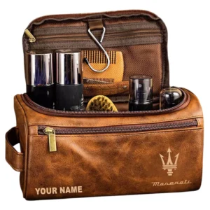 Maserati Leather Toiletry Bag, All Over Print Leather Toiletry Bag - Yellow Brown CAR44005072553
