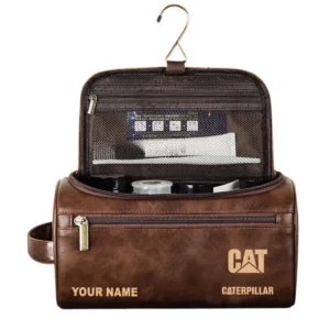 Caterpillar Leather Toiletry Bag, All Over Print Leather Toiletry Bag - Dark Brown CAR44205072511