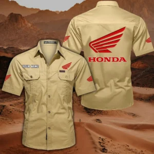 Honda Motorcycle Short Sleeved Shirt, All Over Print Button Shirt CAR444052625778 - Khaki