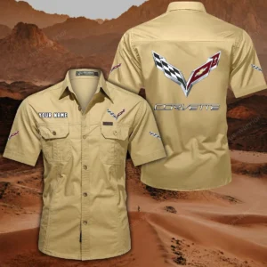 Corvette C7 Short Sleeved Shirt, All Over Print Button Shirt CAR444052625779 - Khaki