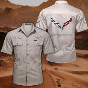 Corvette C7 Short Sleeved Shirt, All Over Print Button Shirt CAR444052625779 - Off-White