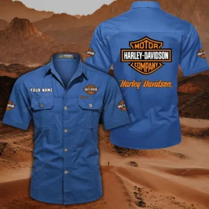 Harley Davidson Short Sleeved Shirt, All Over Print Button Shirt CAR444052625780 - Cowboy Blue