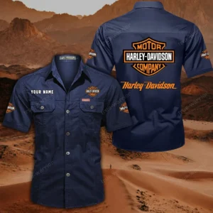 Harley Davidson Short Sleeved Shirt, All Over Print Button Shirt CAR444052625780 - Dark Blue