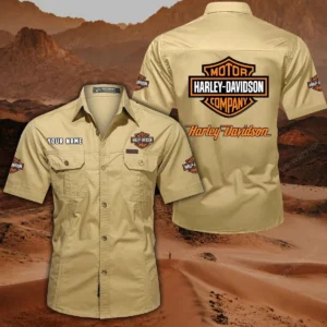 Harley Davidson Short Sleeved Shirt, All Over Print Button Shirt CAR444052625780 - Khaki