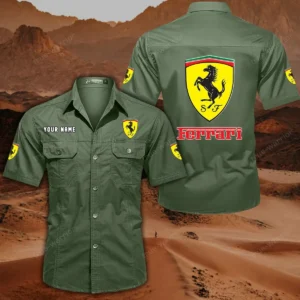 Ferrari Short Sleeved Shirt, All Over Print Button Shirt CAR444052625788 - Army Green
