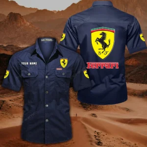 Ferrari Short Sleeved Shirt, All Over Print Button Shirt CAR444052625788 - Dark Blue
