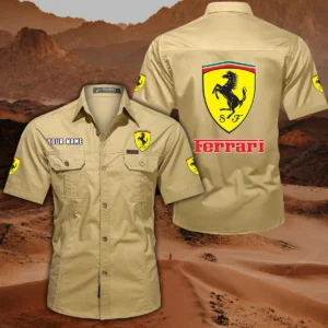 Ferrari Short Sleeved Shirt, All Over Print Button Shirt CAR444052625788 - Khaki