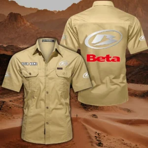 Beta Motorcycles Short Sleeved Shirt, All Over Print Button Shirt CAR444052625791 - Khaki