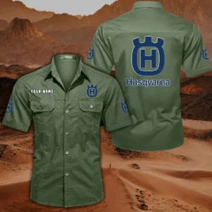 Husqvarna Motorcycles Short Sleeved Shirt, All Over Print Button Shirt CAR444052625797 - Army Green
