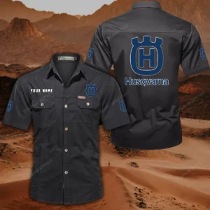 Husqvarna Motorcycles Short Sleeved Shirt, All Over Print Button Shirt CAR444052625797 - Black