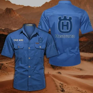 Husqvarna Motorcycles Short Sleeved Shirt, All Over Print Button Shirt CAR444052625797 - Cowboy Blue