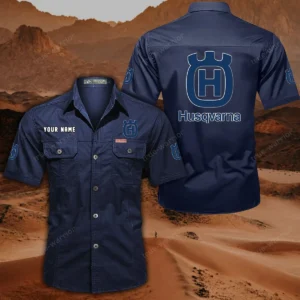 Husqvarna Motorcycles Short Sleeved Shirt, All Over Print Button Shirt CAR444052625797 - Dark Blue