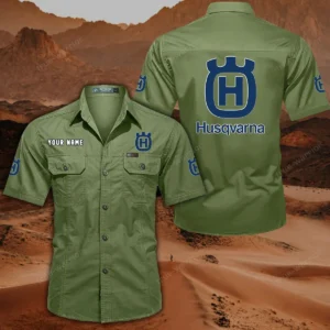 Husqvarna Motorcycles Short Sleeved Shirt, All Over Print Button Shirt CAR444052625797 - Fruit Green