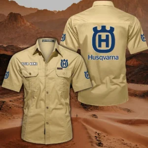 Husqvarna Motorcycles Short Sleeved Shirt, All Over Print Button Shirt CAR444052625797 - Khaki