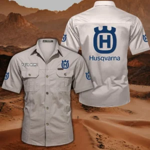 Husqvarna Motorcycles Short Sleeved Shirt, All Over Print Button Shirt CAR444052625797 - Off-White