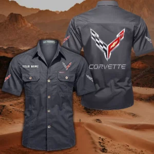 Chevrolet Corvette Short Sleeved Shirt, All Over Print Button Shirt CAR444052625798 - Gray