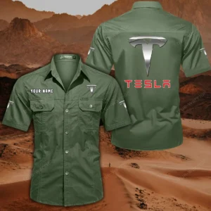 Tesla Short Sleeved Shirt, All Over Print Button Shirt CAR444052625845 - Army Green