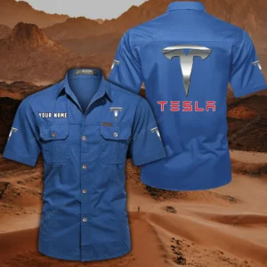 Tesla Short Sleeved Shirt, All Over Print Button Shirt CAR444052625845 - Cowboy Blue