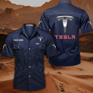 Tesla Short Sleeved Shirt, All Over Print Button Shirt CAR444052625845 - Dark Blue
