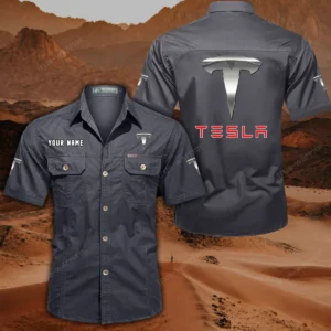 Tesla Short Sleeved Shirt, All Over Print Button Shirt CAR444052625845 - Gray