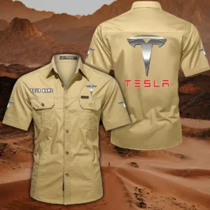 Tesla Short Sleeved Shirt, All Over Print Button Shirt CAR444052625845 - Khaki