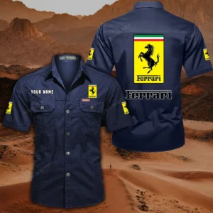 Ferrari Short Sleeved Shirt, All Over Print Button Shirt CAR444052625858 - Dark Blue